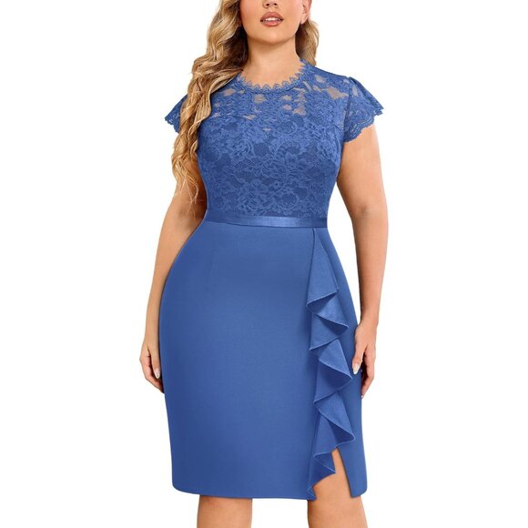 Women's Plus Size Floral Lace Ruffle Cocktail Dress for Evening Party - Picture 1 of 6
